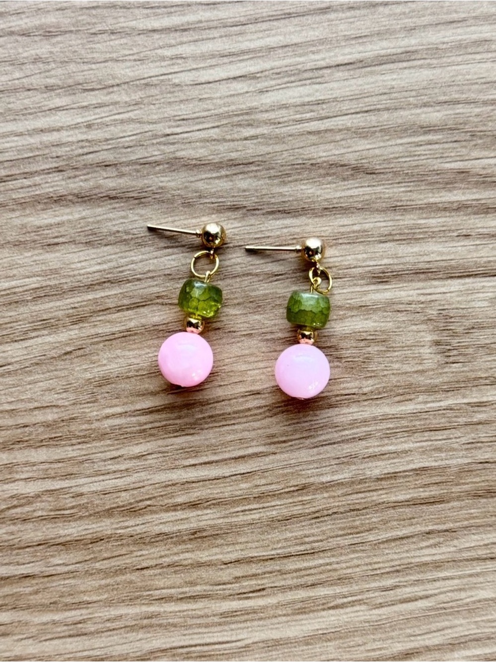 Hand Crafted Pink and Olive Green Bead Drop Earrings